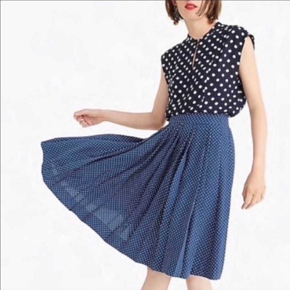 J.CREW Dot Double Pleated Midi Skirt In Union Blue